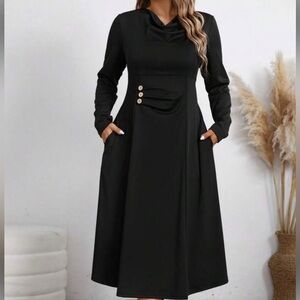 PLUS SIZE WOMEN BLACK COLLAR DECOR BUTTON WAIST PEPLUM DRESS